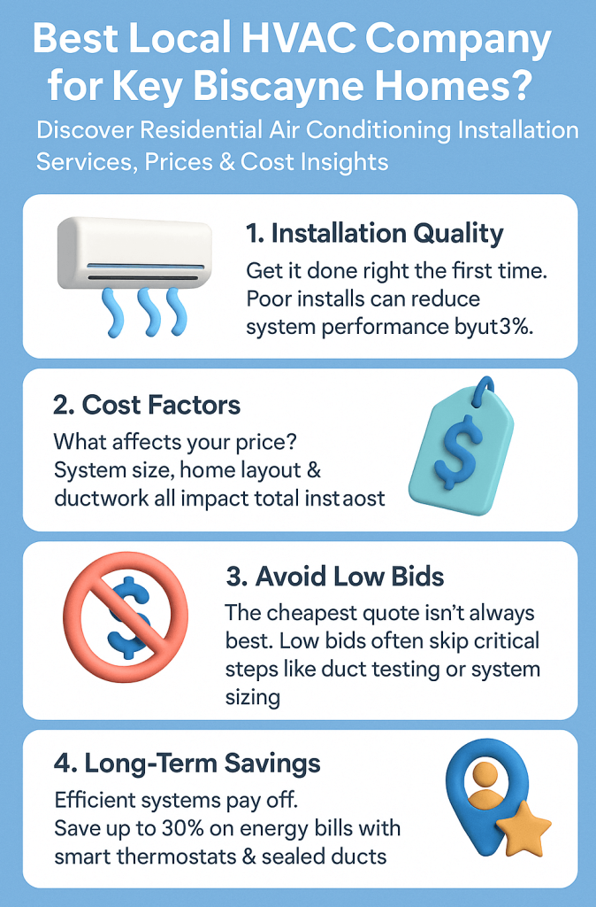 Best Local HVAC Company for Key Biscayne Homes? Discover Residential Air Conditioning Installation Services, Prices & Cost Insights 2 Infographic titled 'Best Local HVAC Company for Key Biscayne Homes' with 3D icons and four key insights on installation quality, cost factors, low bids, and long-term savings.