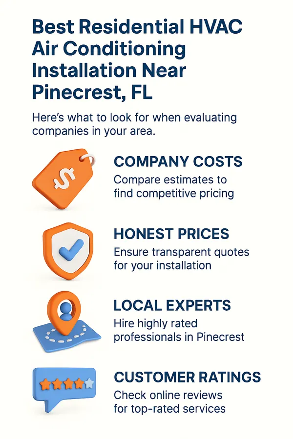 Top Residential HVAC Air Conditioning Installation Services Near Pinecrest, FL — Compare the Best Company Costs, Honest Prices, and High-Rated Local Pros 2 Vertical infographic titled 'Best Residential HVAC Air Conditioning Installation Near Pinecrest, FL' featuring four sections with 3D icons and concise tips: compare company costs, ensure honest prices, hire local experts, and check customer ratings, using acinstallhub.com’s clean blue and orange color scheme.