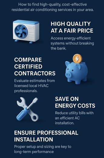 Affordable HVAC Installation Near Plantation FL – Best Residential Air Conditioning Company Cost & Prices 2 “Vertical infographic explaining affordable HVAC installation near Plantation, FL with 3D icons and dark blue gradient background, highlighting key points like high-quality systems, certified contractor comparisons, energy cost savings, and professional installation.”