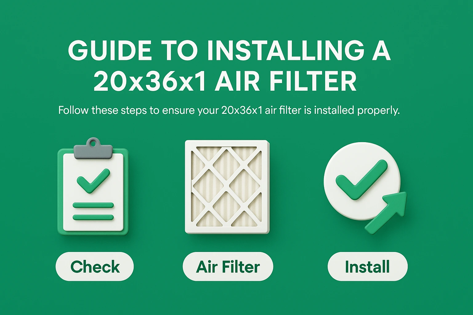 Step-by-step visual guide showing how to correctly install a 20x36x1 air filter, featuring green 3D icons for checking airflow direction, positioning the filter, and completing installation.