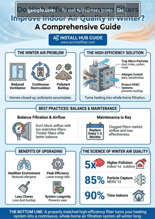 Do High-Efficiency Furnace Filters Improve Indoor Air Quality in Winter? 2 Vertical infographic explaining do high-efficiency furnace filters improve indoor air quality in winter, showing MERV 13 filter benefits, allergen reduction, cleaner airflow, and HVAC protection.