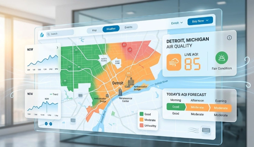 A modern, floating digital dashboard displaying a Detroit Michigan Live Air Quality Index AQI Map Now & Today. The interface features a color-coded city map, a live AQI score of 85, trend graphs, and a daily forecast, designed in tech-forward blue, white, and accent colors against a blurred office background.