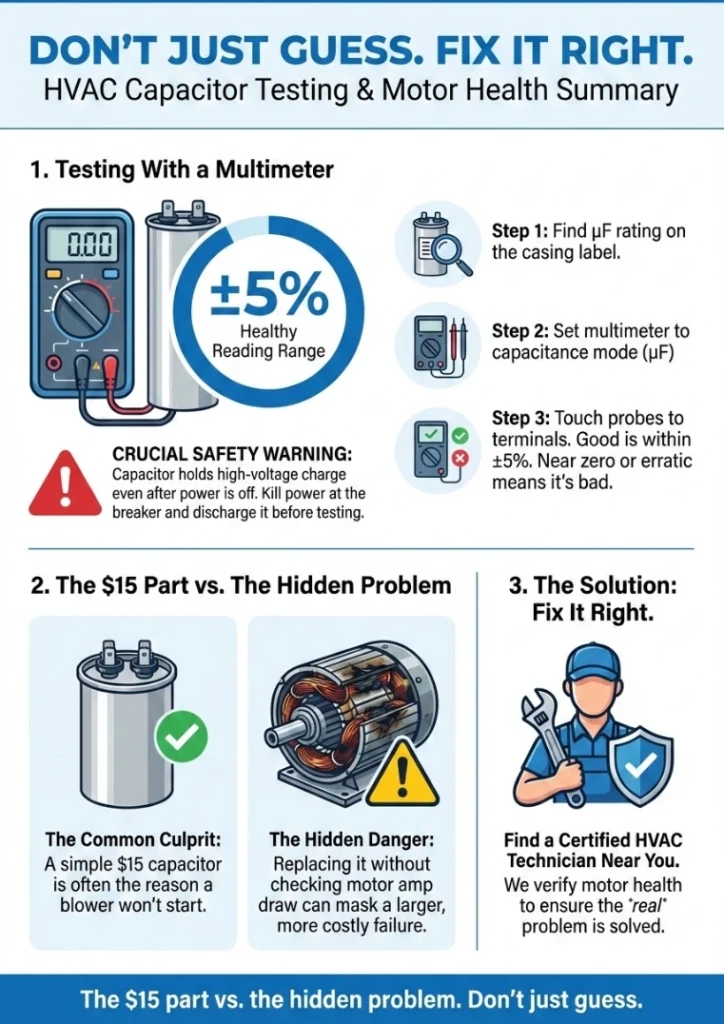 Bad Furnace Capacitor: Test Symptoms & Blower Motor Fail Cost 2 Infographic of "Bad Furnace Capacitor: Test Symptoms & Blower Motor Fail Cost"