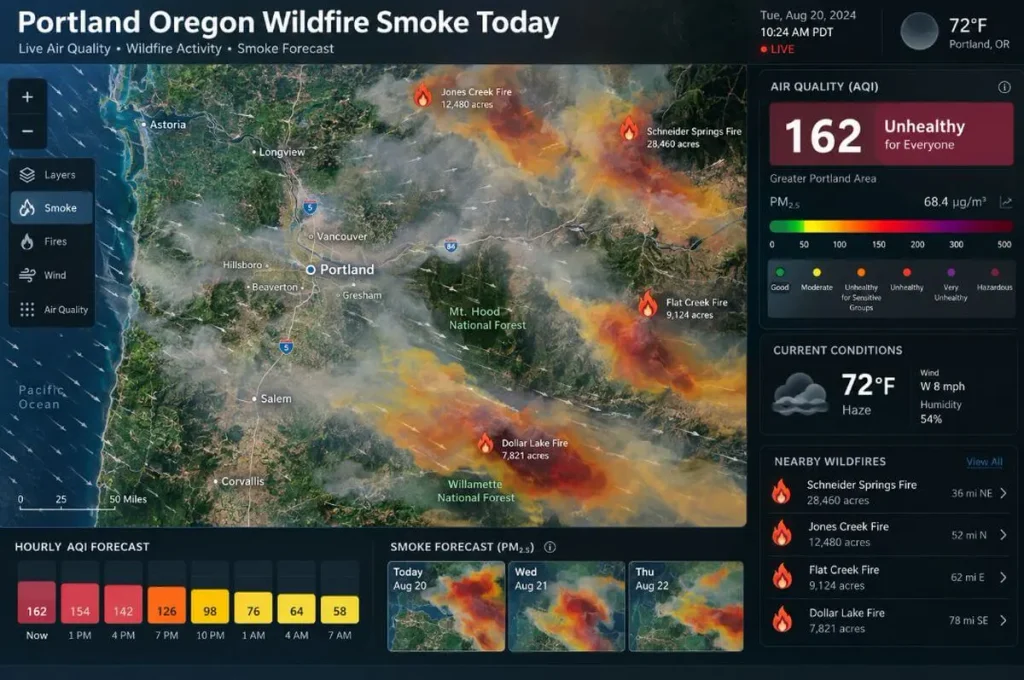 Portland Oregon Wildfire & Smoke Map Today: See Current Live Updates 2 Portland Oregon wildfire and smoke dashboard showing live fire locations, drifting smoke plumes, wind patterns, AQI levels, and current air quality updates across the Portland area.